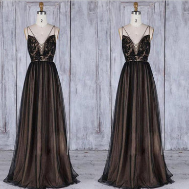 Chic Black Long Straps Tulle A Line  Lace Long Dress,Prom Dress,Evening Party Dress,PDY0372