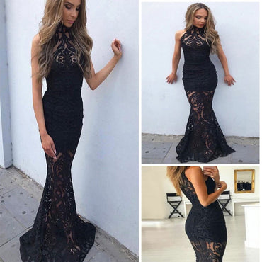 Fashion Mermaid High Neck ,Sleeveless Black  Lace Prom Dress,Evening Dresses,PDY0187