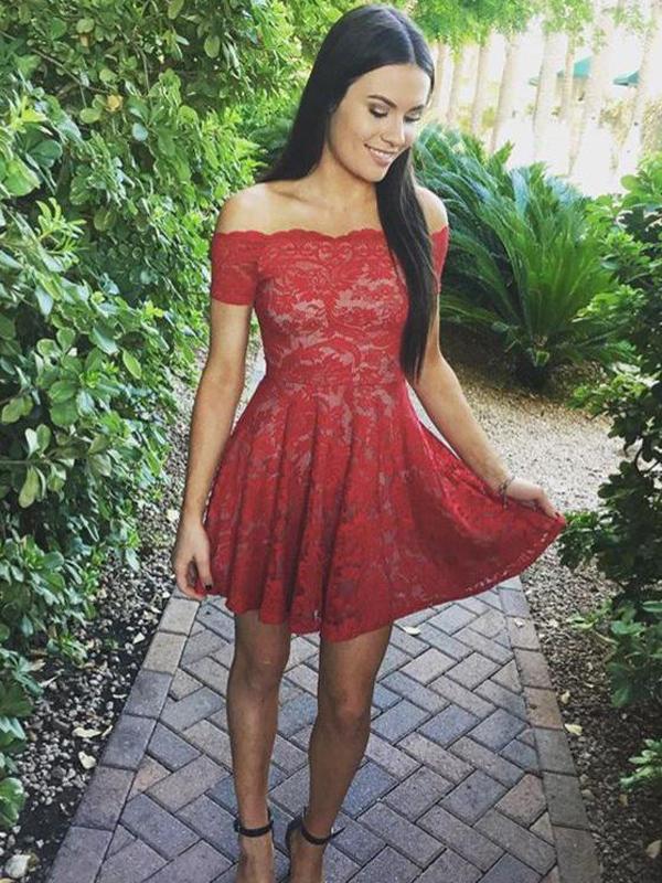 Off Shoulder Red Lace Simple Cheap Short Homecoming Dresses 2018,BDY0289