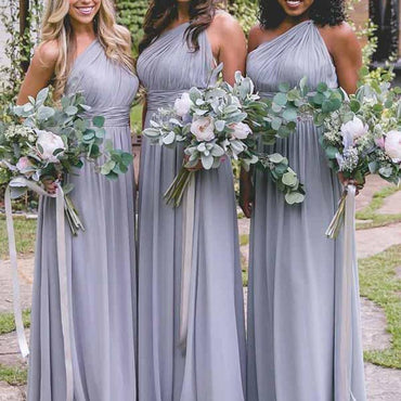 One Shoulder Dusty Blue Long Chiffon Cheap Bridesmaid Dresses Online, WGY0304
