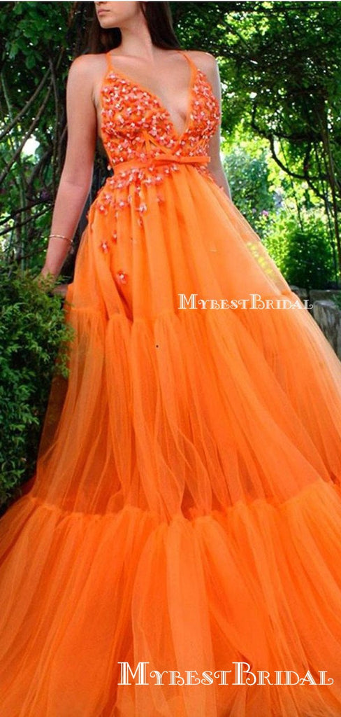 New Arrival Spaghetti Strap Sleeveless Beaded Orange Tulle A-line Long Cheap Formal Prom Dresses, PDS0006