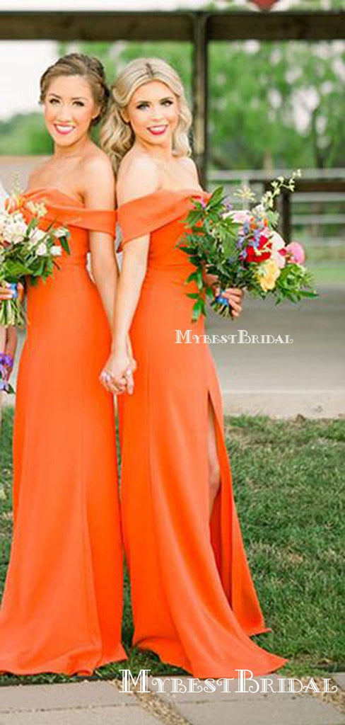 Charming Off-The-Shoulder Orange Satin Sidei Slit Mermaid Long Cheap Bridesmaid Dresses, BDS0019