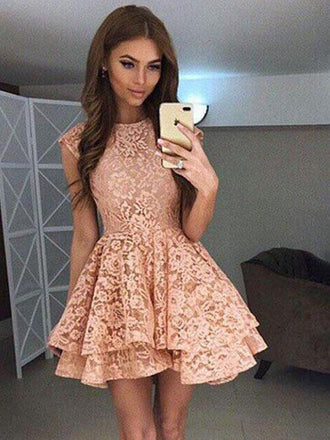 High Neck Peach Lace Cute Short Homecoming Dresses 2018, BDY0284