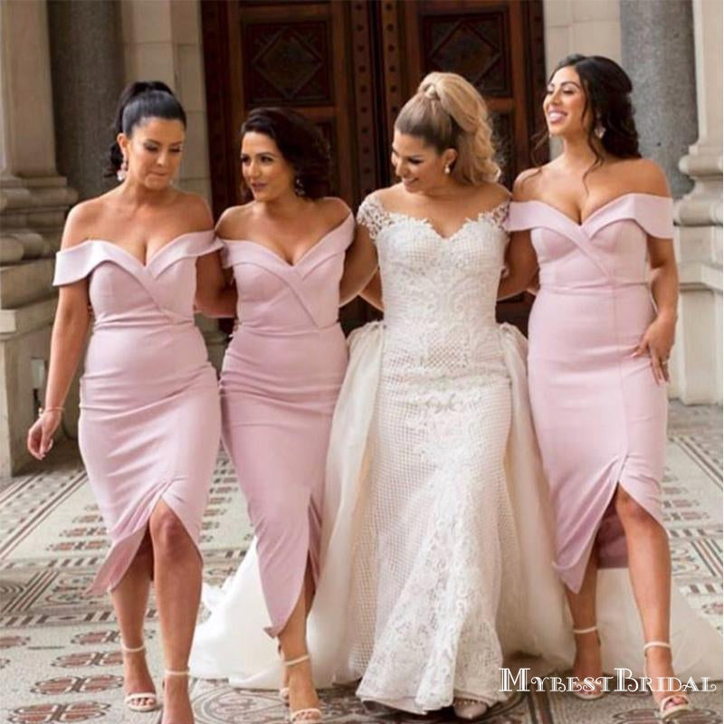 Lovely Off-Shoulder Short Cheap Bridesmaid Dresses with Sexy Slit, TYP0004