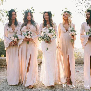 Pink V Neck Long Sleeves Side Slit Chiffon Cheap Bridesmaid Dresses, TYP0008