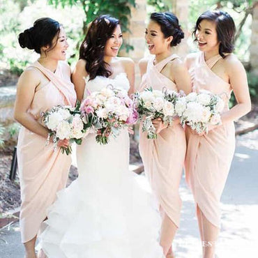 Pink Cross Neck Sleeveless Slim Line Chiffon Bridesmaid Dresses, TYP0039