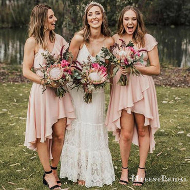 Pink V Neck Backless A Line Chiffon High Low Bridesmaid Dresses, TYP0007