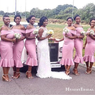 Pink Off Shoulder Sleeveless Mermaid Short Satin Bridesmaid Dresses, TYP0038