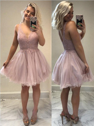 Sexy Backless Pale Pink V Neck Short Cheap Homecoming Dresses Online, BDY0354