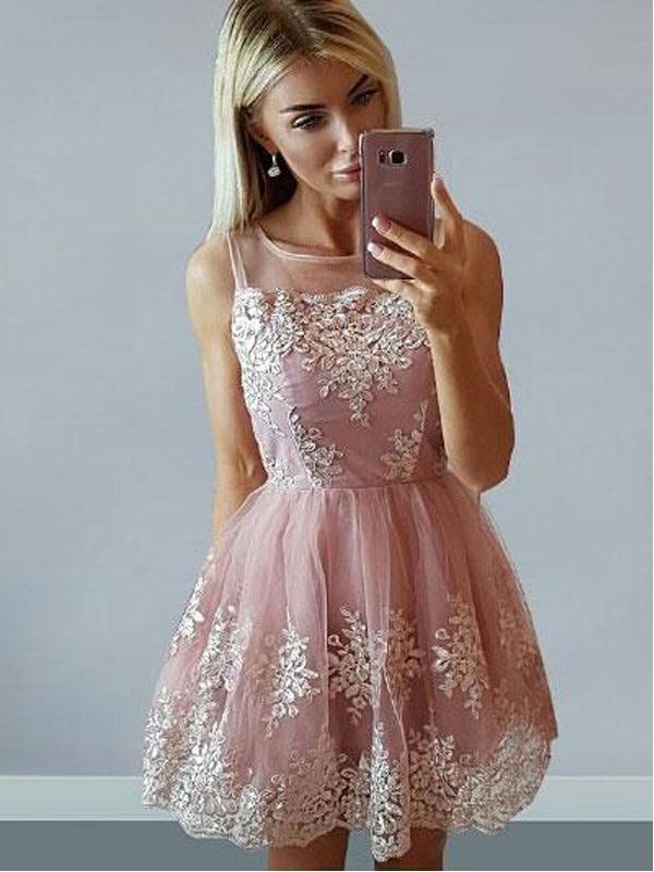 Cheap Cute Pink Scoop Straps Lace Homecoming Dresses 2018, BDY0183