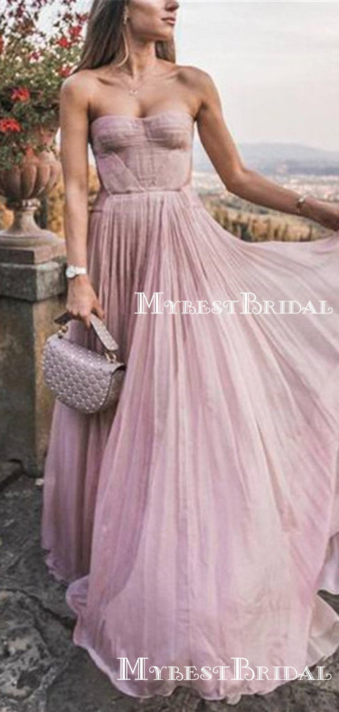 New Arrival Charming Strapless Sleeveless Pink A-line Chiffon Long Cheap Prom Dresses, TYP0111