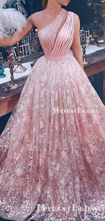 Gogerous One Shoulder Pink Lace A-line Long Cheap Charming Formal Evening Prom Dresses, TYP0121