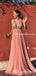 Sexy Deep V-neck Spaghetti Strap Pink Tulle Charming Elegant A-line Long Cheap Prom Dresses, TYP0136