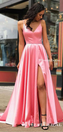 Simple V-neck Sleeveless Pink Satin Side Slit A-line Long Cheap Formal Evening Party Prom Dresses, PDS0044
