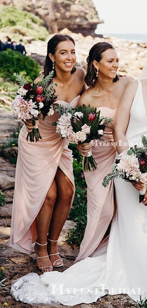 Sweetheart Charming Pink Chiffon Front Slit Long Cheap Floor-Length Bridesmaid Dresses, BDS0050