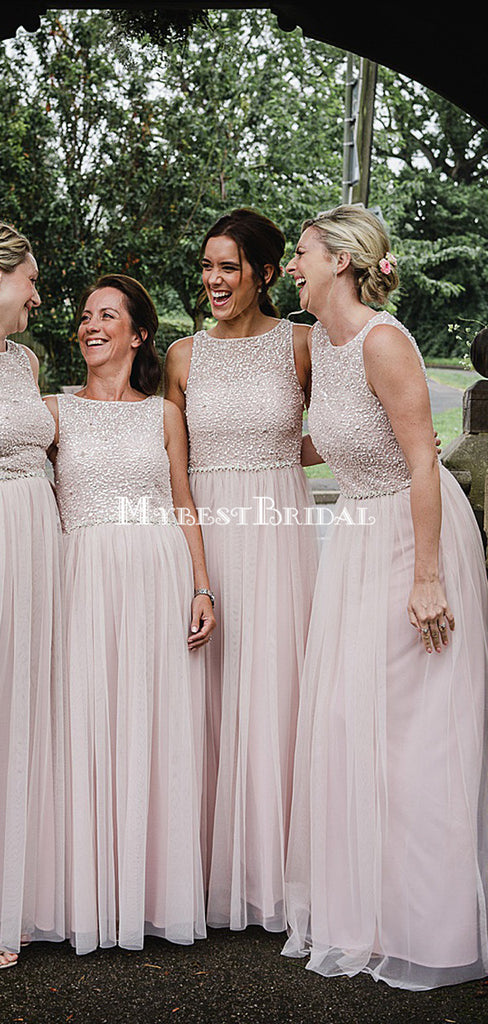 Newest Scoop Pink Tulle Long Cheap Bridesmaid Dresses, BDS0123