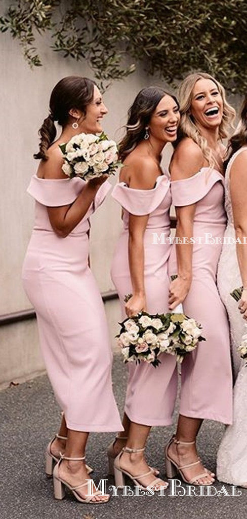 Simple Charming Off-The-Shoulder Pink Satin Mermaid Long Cheap Bridesmaid Dresses, BDS0043