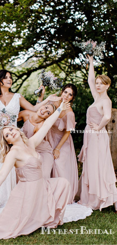 Mismatched Charming Simple Pink Chiffon A-line Long Cheap Bridesmaid Dresses, BDS0036