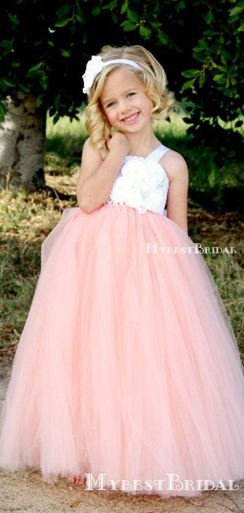 Charming Square Pink Tulle Long Cheap Flower Girl Dresses, FGS0002