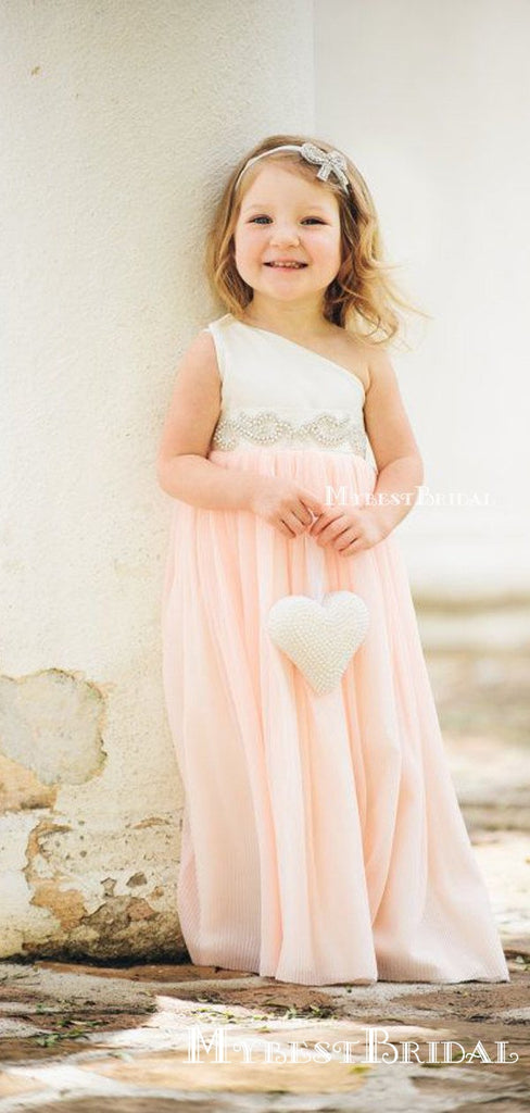 Cute One Shoulder Pink Chiffon Beaded A-line Long Cheap Flower Girl Dresses, FGS0018