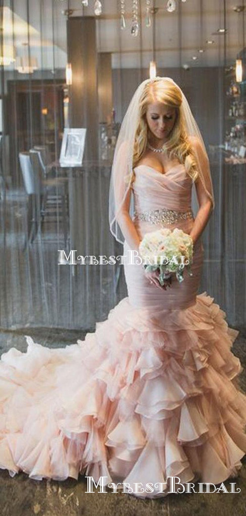 Sweetheart Pink Organza Mermaid Long Cheap Wedding Dresses, WDS0027