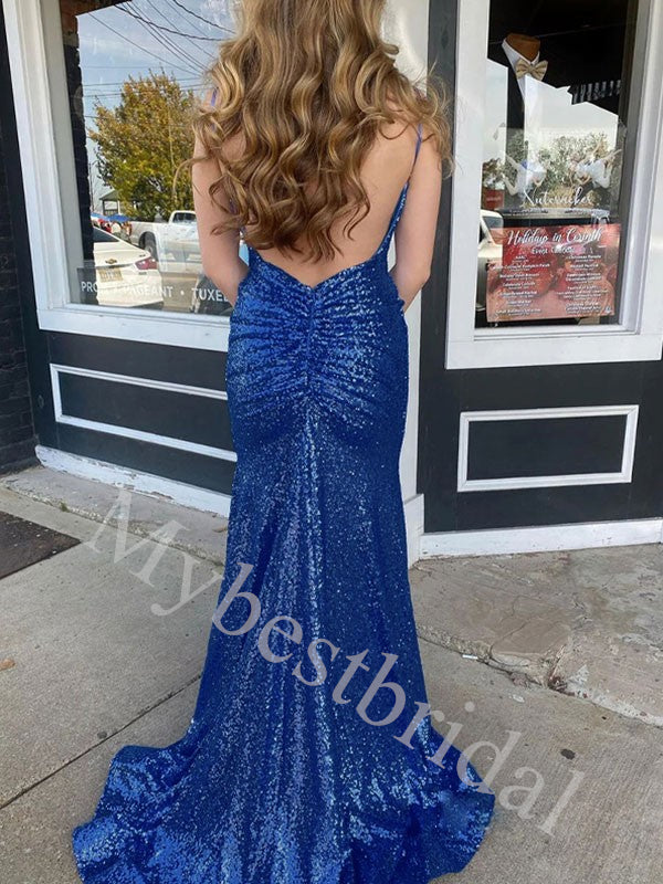 Sexy V-neck Spaghetti straps Side slit Mermaid Prom Dresses,PDS0956