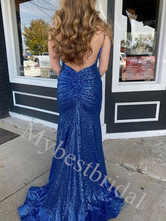 Sexy V-neck Spaghetti straps Side slit Mermaid Prom Dresses,PDS0956