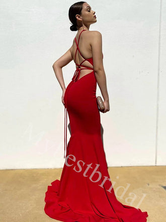 Sexy Halter V-neck Sleeveless Mermaid Prom Dresses,PDS0971