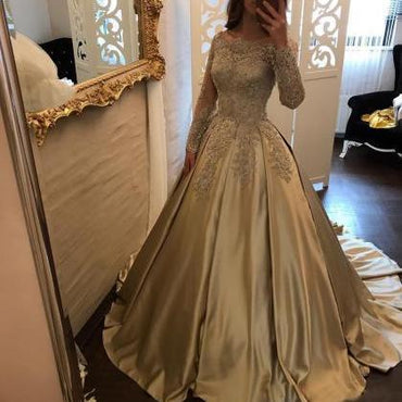Princess A-Line Off-Shoulder Long Sleeves Ball Gown Long Prom/Wedding Dress with Appliques Lace,PDY0188