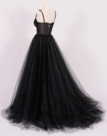 Strap Black Appliques A-line Tulle Prom Dresses, Affordable Evening Dresses, BG0354