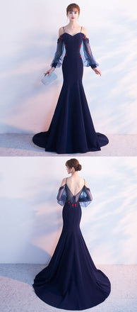 Long Sleeve Straps Mermaid Tulle Prom Dresses , Floor-Length Prom Dress, PDY0296