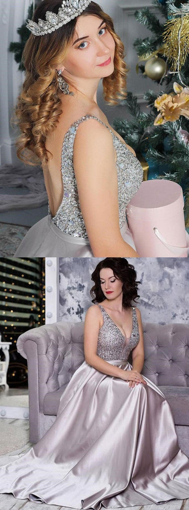 Elegant V Neck Silver Sequins Ball Gowns,Long Prom Dress,Evening Party Dress ,PDY0379