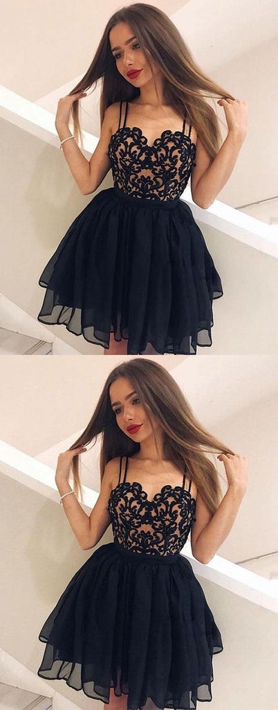 A-Line Spaghetti Straps Homecoming Dresses, Sweetheart Black Lace Homecoming Dresses,Short Prom Dresses,BDY0164