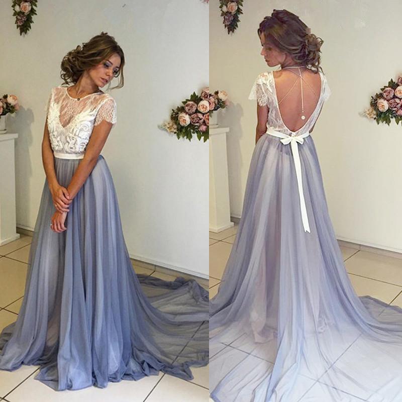 White Lace Top Short Sleeve Backless Long A-line Chiffon Prom Dresses, BG0025