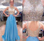 Round Neck Sparkle Rhinestone Beaded Long A-line Blue Chiffon Prom Dresses, BG0333