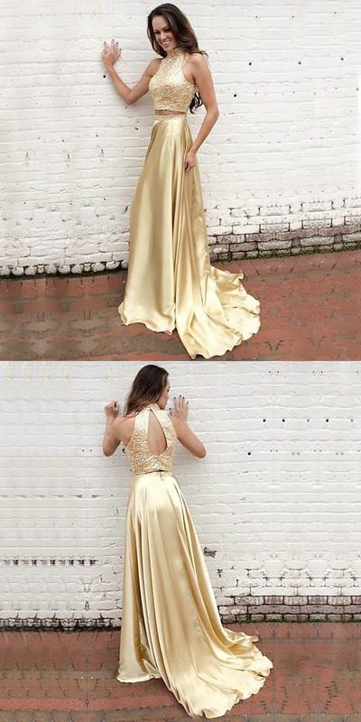 Two Piece High Neck Gold Satin Prom Dressses ,Cheap Prom Dresses,PDY0434