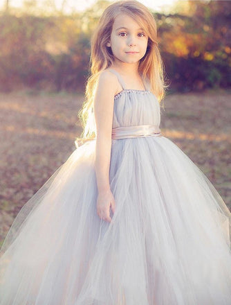 New Tulle Gray Cute straps Long Bridesmaid Flower Girl Dresses With Belt, FGY0126
