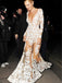 Candice Swanepoel Celebrity Inspired See Through Deep V-neck Long Sleeve Mermaid Lace Prom Dresses, BG0241