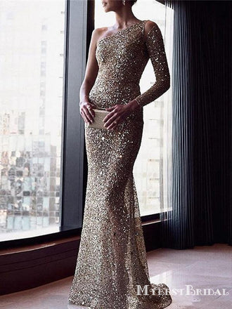 Gegorus One Shoulder Long Sleeves Sparkly Heavy Beading Mermaid Long Cheap Formal Prom Dresses, TYP0139