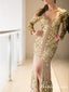 New Arrival Long Sleeves V-neck Gold Sequin Long Cheap Formal Evening Prom Dresses, TYP0130