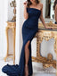 Charming Elegant One-Shoulder Sleeveless Navy Elastic Silk Long Cheap Mermaid Prom Dresses, PDS0011