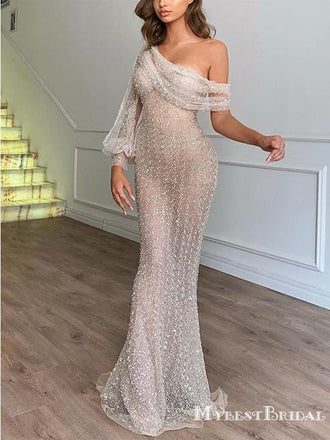 One Shoulder Long Sleeves New Arrival Sparkly Ivory Sequin Mermaid Long Cheap Evening Prom Dresses, TYP0132