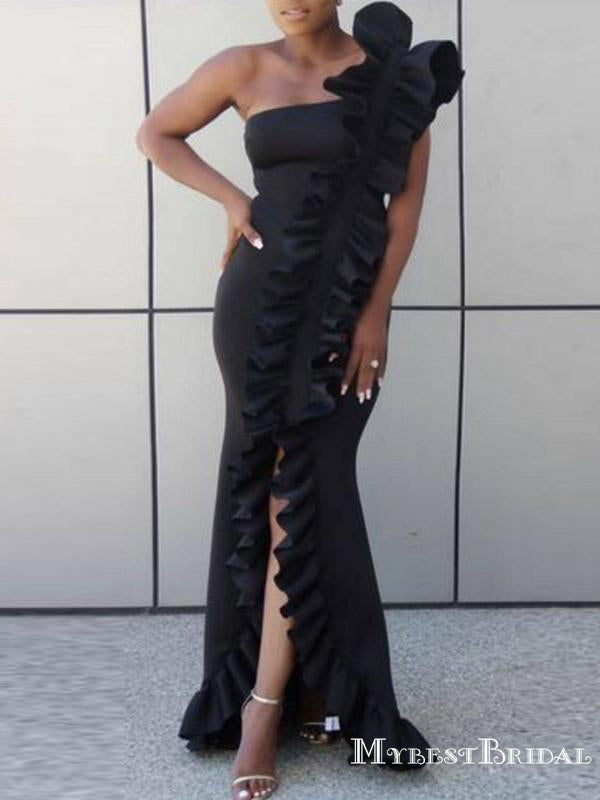 New Arrival Hot Selling One Shoulder Sleeveless Black Satin Long Cheap Side Slit Prom Dresses, TYP0113