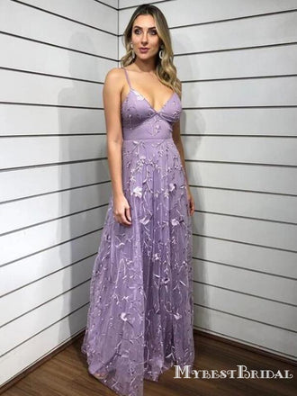 Spaghetti Strap Sleeveless Lilac Lace A-line Long Cheap  Charming Formal Evening Prom Dresses, TYP0123