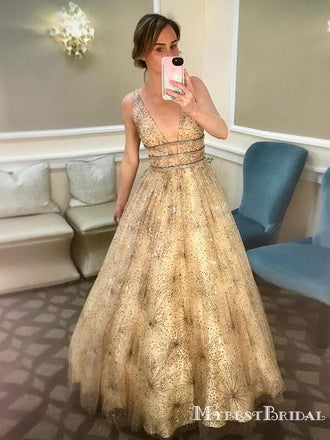 Gorgeous Sexy Deep V-neck Sparkly Champagne Sequin A-line Long Cheap Formal Prom Dresses, PDS0024