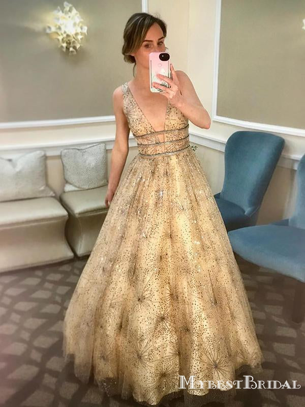 Gorgeous Sexy Deep V-neck Sparkly Champagne Sequin A-line Long Cheap F mybestbridal Gorgeous Sexy Deep V-neck Sparkly Champagne Sequin A-line Long Cheap F mybestbridal