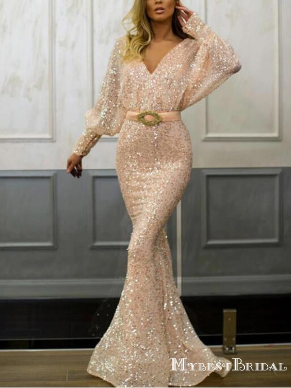 Long Sleeves V-neck Sexy Backless Champagne Sequin Long Cheap Formal Evening Prom Dresses, TYP0125
