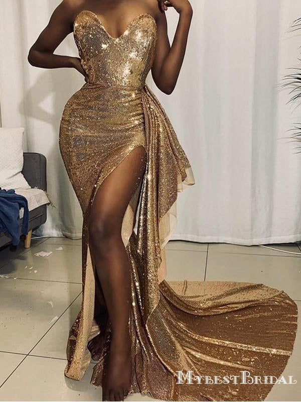 Newest Sweetheart Sexy Sparkly Gold Sequin High Side Slit Long Cheap Mermaid Prom Dresses, PDS0015