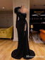 Elegant Charming One Shoulder Long Sleeves Black Tulle Beaed High Side Slit Long Cheap  Prom Dresses, PDS0005