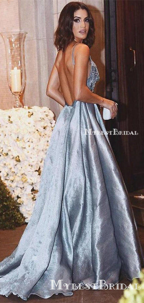 Luxurious A-line Straps Blue Formal Evening Dress,Sexy Backless Beaded Deep V Neckline prom dresses,  ,PDY0174